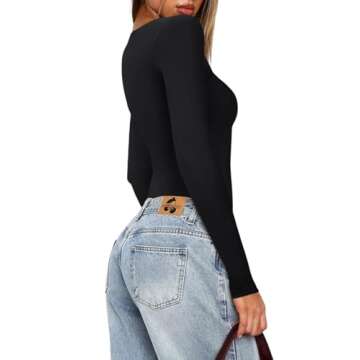 REORIA Womens Sexy Basic Long Sleeve Square Neck Double Lined Leotards Shirts Going Out Cute Thong Bodysuit Tops Black Medium -