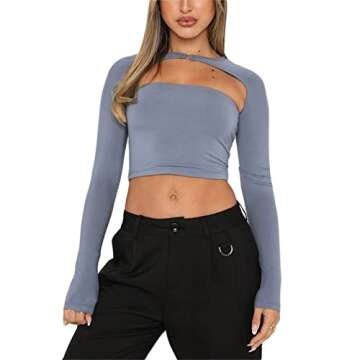 Women's Sexy Backless Top Casual Long Sleeve Going Out Crop Tops Cutout Front Tee Shirt Tight Streetwear Blue