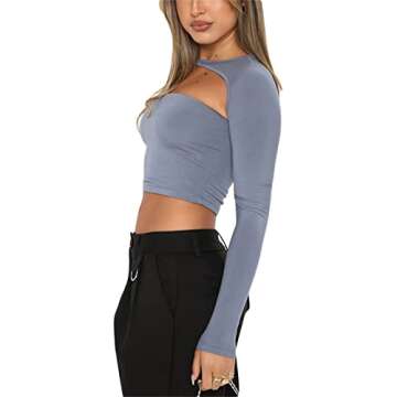 Women's Sexy Backless Top Casual Long Sleeve Going Out Crop Tops Cutout Front Tee Shirt Tight Streetwear Blue