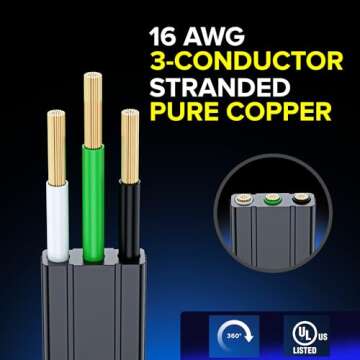 Maximm Cable 12 Ft 360° Rotating Flat Plug Extension Cord/Wire, 16 AWG Multi 3 Outlet Extension Wire, 3 Prong Grounded Wire - Black - UL Certified