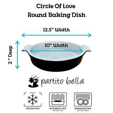 Partito Bella 13x9x3.5" Rectangle Premium Stoneware Baking Dish w/Lid Classic - Kitchen Baker for Lasagna, Casserole, Vegetables, & Dessert (Black, 10"x10" Round Baker)