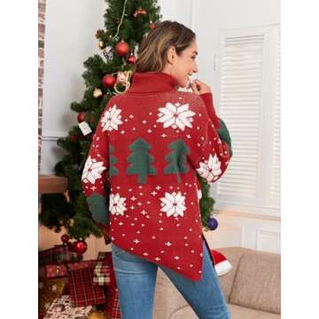 ZAFUL Women Christmas Tree Reindeer Holiday Knit Turtleneck Sweater Pullover Red S