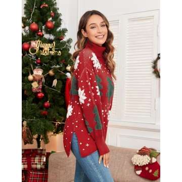 ZAFUL Women Christmas Tree Reindeer Holiday Knit Turtleneck Sweater Pullover Red S