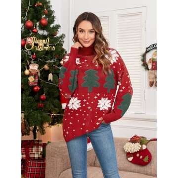 ZAFUL Women Christmas Tree Reindeer Holiday Knit Turtleneck Sweater Pullover Red S