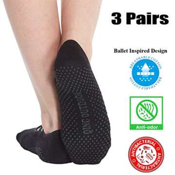 Women's No Show Low Cut Hospital Slipper Socks Great for Barre Pilates Yoga with Non Skid Grips Pack of 3, Black, One Size