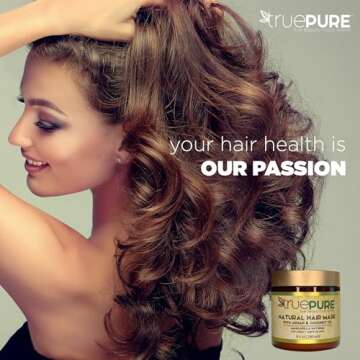 TruePure Argan Oil Hair Mask Conditioner for Dry Damaged Hair - Deep Conditioning Hydrating Hair Repair Treatment with Coconut, Caffeine, Jojoba - Stronger, Thicker & Fuller Hair Growth - 8oz