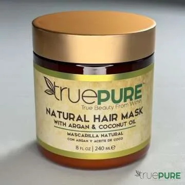 TruePure Argan Oil Hair Mask Conditioner for Dry Damaged Hair - Deep Conditioning Hydrating Hair Repair Treatment with Coconut, Caffeine, Jojoba - Stronger, Thicker & Fuller Hair Growth - 8oz