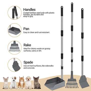 Heeyoo Dog Pooper Scooper, Dog Poop Tray and Rake Set, Pet Waste Removal Scoop with Long Adjustable ...