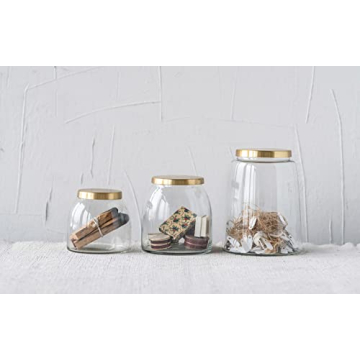 Creative Co-Op Round Glass Jars with Brass Finish Lids (Set of 3 Sizes)