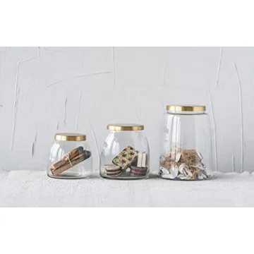 Creative Co-Op Round Glass Jars with Brass Finish Lids (Set of 3 Sizes)