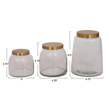 Creative Co-Op Round Glass Jars with Brass Finish Lids (Set of 3 Sizes)