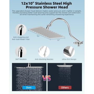 Hibbent 12'' All Metal Shower Head, High Pressure Rainfall Shower Head, Handheld Showerhead Combo, 12'' Adjustable Curved Shower Extension Arm, 7-Spray, 71'' Hose, Adhesive Showerhead Holder, Chrome