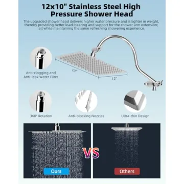 Hibbent 12'' All Metal Shower Head, High Pressure Rainfall Shower Head, Handheld Showerhead Combo, 12'' Adjustable Curved Shower Extension Arm, 7-Spray, 71'' Hose, Adhesive Showerhead Holder, Chrome