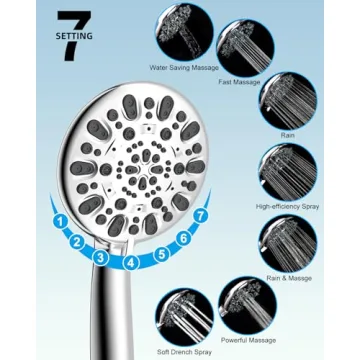 Hibbent 12'' All Metal Shower Head, High Pressure Rainfall Shower Head, Handheld Showerhead Combo, 12'' Adjustable Curved Shower Extension Arm, 7-Spray, 71'' Hose, Adhesive Showerhead Holder, Chrome