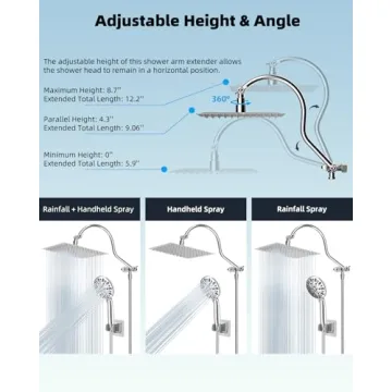 Hibbent 12'' All Metal Shower Head, High Pressure Rainfall Shower Head, Handheld Showerhead Combo, 12'' Adjustable Curved Shower Extension Arm, 7-Spray, 71'' Hose, Adhesive Showerhead Holder, Chrome