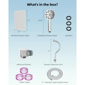 Hibbent 12'' All Metal Shower Head, High Pressure Rainfall Shower Head, Handheld Showerhead Combo, 12'' Adjustable Curved Shower Extension Arm, 7-Spray, 71'' Hose, Adhesive Showerhead Holder, Chrome