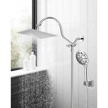 Hibbent 12'' All Metal Shower Head, High Pressure Rainfall Shower Head, Handheld Showerhead Combo, 12'' Adjustable Curved Shower Extension Arm, 7-Spray, 71'' Hose, Adhesive Showerhead Holder, Chrome