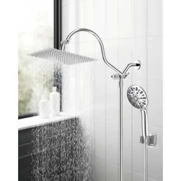 Hibbent 12'' All Metal Shower Head, High Pressure Rainfall Shower Head, Handheld Showerhead Combo, 12'' Adjustable Curved Shower Extension Arm, 7-Spray, 71'' Hose, Adhesive Showerhead Holder, Chrome