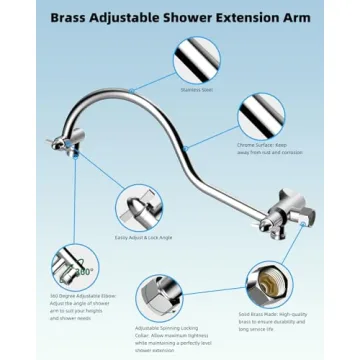 Hibbent 12'' All Metal Shower Head, High Pressure Rainfall Shower Head, Handheld Showerhead Combo, 12'' Adjustable Curved Shower Extension Arm, 7-Spray, 71'' Hose, Adhesive Showerhead Holder, Chrome