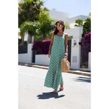 miduo Womens Dress Summer Fashion Bohemian Floral Printed Spaghetti Straps Sleeveless Maxi Long Flowy Dresses Green M