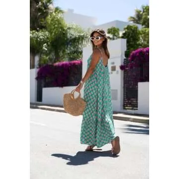 miduo Womens Dress Summer Fashion Bohemian Floral Printed Spaghetti Straps Sleeveless Maxi Long Flowy Dresses Green M