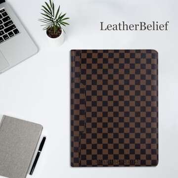 Classic Checkerboard Portfolio iPad pro 13 and Cell Phone Pockets 3 Ring Binder Padfolio Eco-Friendly Leather Portfolio Binder with Zipper Notepad Holder Resume Folder Business Organizer