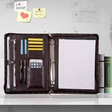 Classic Checkerboard Portfolio iPad pro 13 and Cell Phone Pockets 3 Ring Binder Padfolio Eco-Friendly Leather Portfolio Binder with Zipper Notepad Holder Resume Folder Business Organizer