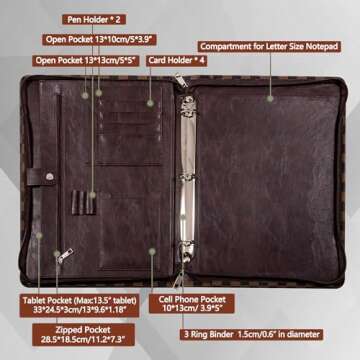 Classic Checkerboard Portfolio iPad pro 13 and Cell Phone Pockets 3 Ring Binder Padfolio Eco-Friendly Leather Portfolio Binder with Zipper Notepad Holder Resume Folder Business Organizer