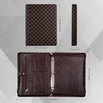 Classic Checkerboard Portfolio iPad pro 13 and Cell Phone Pockets 3 Ring Binder Padfolio Eco-Friendly Leather Portfolio Binder with Zipper Notepad Holder Resume Folder Business Organizer