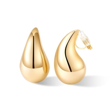 NVWAROCK Gold Drop Clip On Earrings Dupes Teardrop Chunky Non Pierced Earring 14K Real Gold Plated H...