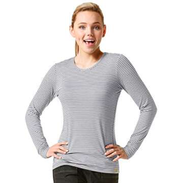 WonderWink Women's Striped Long Sleeve Tee, Pewter/White, Small