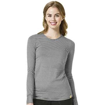 WonderWink Women's Striped Long Sleeve Tee, Pewter/White, Small