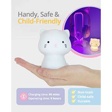 SomeShine Kids Night Light - Rechargeable Cat Nursery NightLight with Auto-Off Timer, Safe and Durable Kawaii Lamp and Glowing Companion for Baby Feeding, Diaper Changing and Midnight Bathroom Trips
