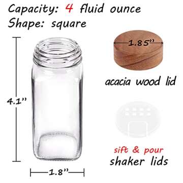 Churboro 24 Spice Jars with 547 Labels - Glass Spice Jars with Shaker Lids - 4 Oz Square Spice Containers with Acacia Wood Lids, Chalk Pen, Funnel- Seasoning Jars for Spice Rack, Cabinet, or Drawer