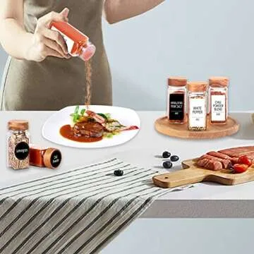 Churboro 24 Spice Jars with 547 Labels - Glass Spice Jars with Shaker Lids - 4 Oz Square Spice Containers with Acacia Wood Lids, Chalk Pen, Funnel- Seasoning Jars for Spice Rack, Cabinet, or Drawer