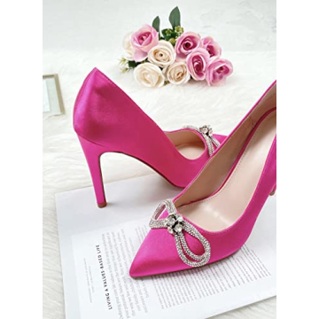 Coutgo Women's Satin Heels with Rhinestone Bow for Weddings
