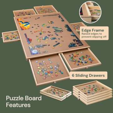 PlayVibe Puzzle Locker 1500 Piece Puzzle Board with Drawers and Cover - Puzzle Solve Station - Sturdy Puzzle Table with 6 Drawers 22 1/4” x 30" - Jigsaw Portable Wooden Puzzle Tray, Puzzle Accessories