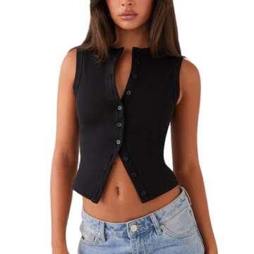 Faretumiya Women Button Down Tank Top Ribbed Summer Vest Tops Slim Fit Open Front Sleeveless Crop Sh...
