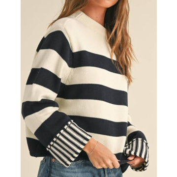 Esmeling Women's Casual Loose Striped Sweater for Fall Warmth
