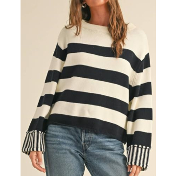 Esmeling Women's Casual Loose Striped Sweater for Fall Warmth