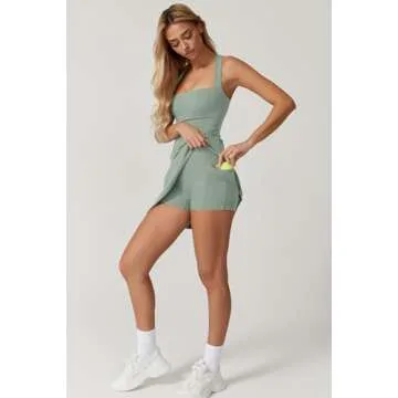 QINSEN Womens Square Neck Athletic Dress Sleeveless Cross Back Flare Tennis Golf Mini Dresses Smoke Green S