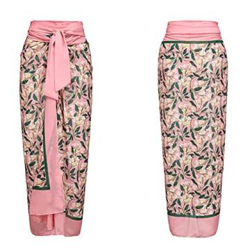 Bikini Cover up Skirt, Sexy V Neck Flower Print One Piece Swimsuit with Cover up Wrap Skirt Beachwear 2 Piece Set, Ladies Retro Swimming Bathing Suits Summer Vacation Party Costume Pink L