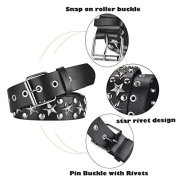 CWCYYDSYY Stars Studded Belts Y2K Punk Hip Hop Black Faux Leather Grommet for Halloween Cosplay for Women Men (Black-1)