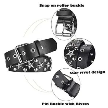 CWCYYDSYY Stars Studded Belts Y2K Punk Hip Hop Black Faux Leather Grommet for Halloween Cosplay for Women Men (Black-1)