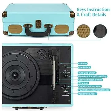 Record Player with Speakers 3-Speed Bluetooth Suitcase Portable Vinyl Record Player Belt-Driven RCA Line Out AUX in Headphone Jack Vinyl Vintage Turntable Blue