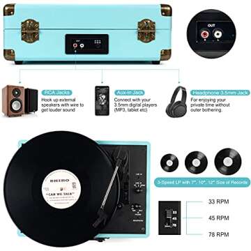 Record Player with Speakers 3-Speed Bluetooth Suitcase Portable Vinyl Record Player Belt-Driven RCA Line Out AUX in Headphone Jack Vinyl Vintage Turntable Blue