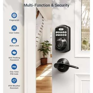 Veise Fingerprint Door Lock with 2 Lever Handles - Keyless Entry Door Lock, Electronic Keypad Deadbolt, Digital Smart Code & Front Handle Sets, Auto-Locking, Easy Installation, Matte Black