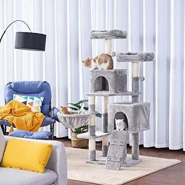 Hey-brother 58'' Multi-Level Cat Tree Condo Furniture with Sisal-Covered Scratching Posts, 2 Plush Condos, Hammock for Kittens, Cats and Pets Light Gray MPJ013W