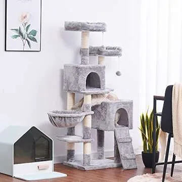 Hey-brother 58'' Multi-Level Cat Tree Condo Furniture with Sisal-Covered Scratching Posts, 2 Plush Condos, Hammock for Kittens, Cats and Pets Light Gray MPJ013W