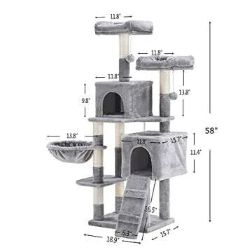Hey-brother 58'' Multi-Level Cat Tree Condo Furniture with Sisal-Covered Scratching Posts, 2 Plush Condos, Hammock for Kittens, Cats and Pets Light Gray MPJ013W